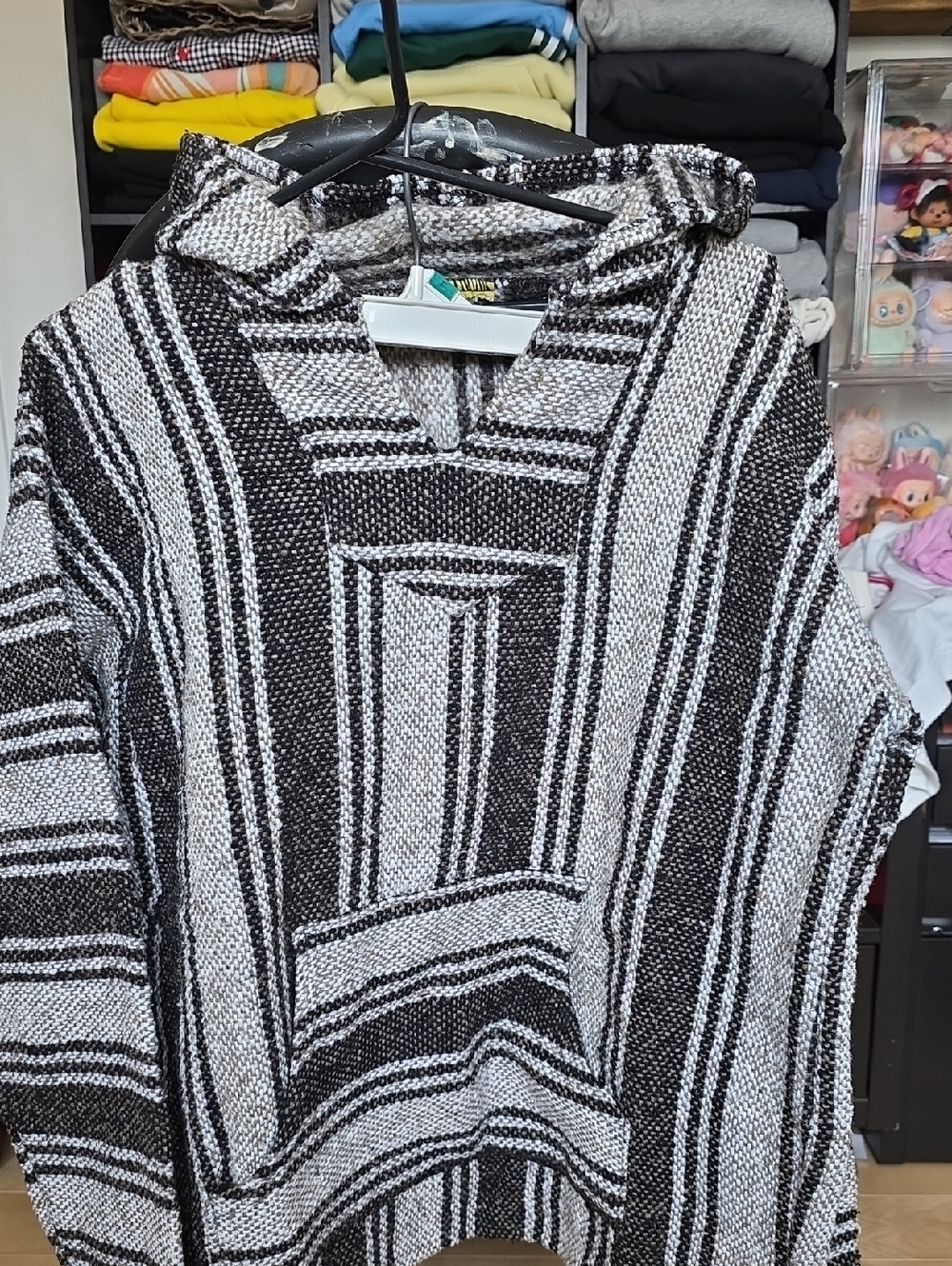 Black & White Striped Hooded Sweater Pullover Poncho
